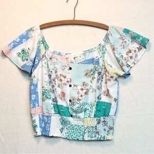 Monteau LA Floral Patchwork Top - Cottagecore Peasant Boho Crop Ruched Waist